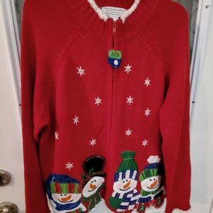 Ugly Christmas Sweater Red Snowman Zip-Up Crew Neck